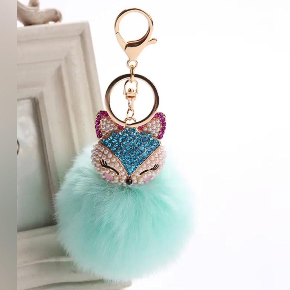 Crystal Faux Fur Fox Keychain in Light Green